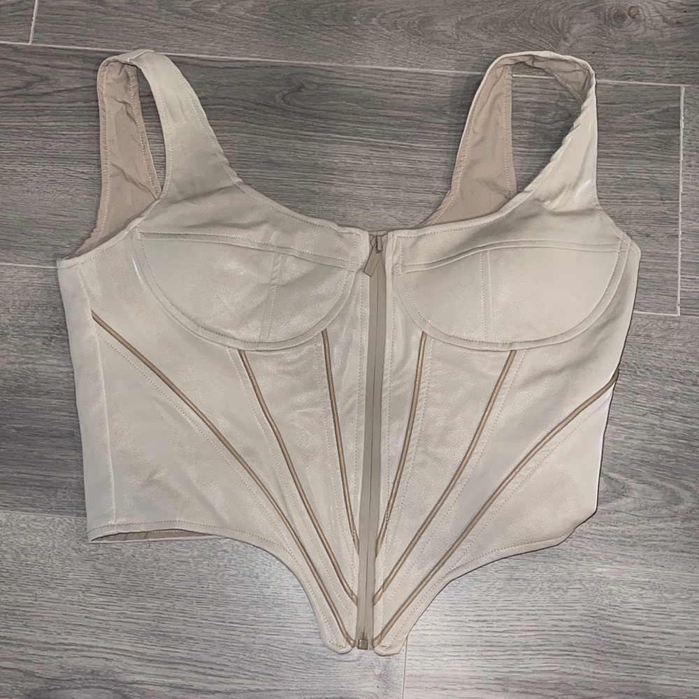 Maniere De Voir faux leather corset top off white